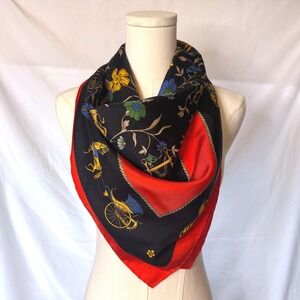 Celine Paris Vintage Silk Scarf Equestrian Carriage Floral Black Red Gold Square